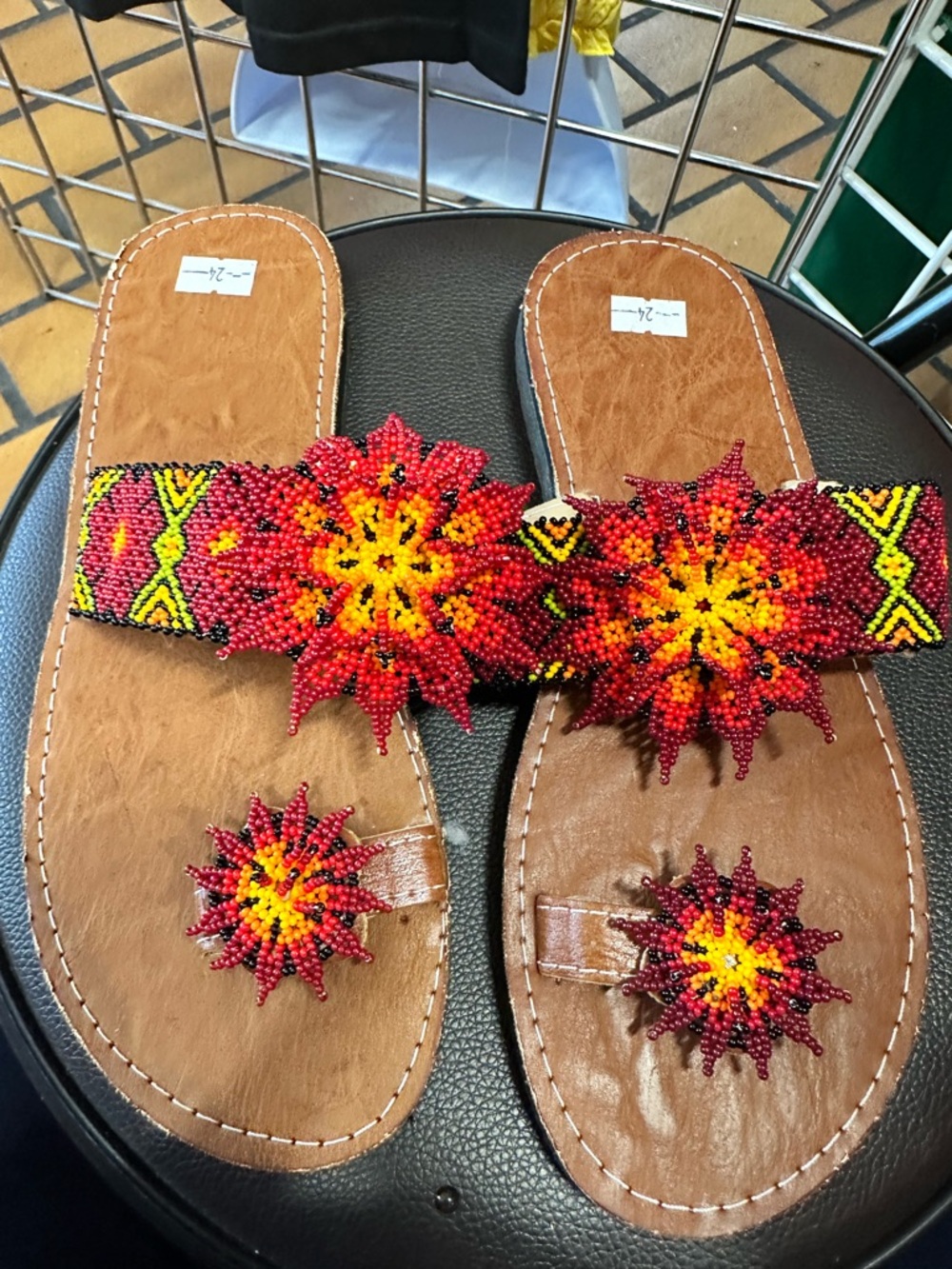 Hand-Beaded Red Floral Slide Sandals for Women